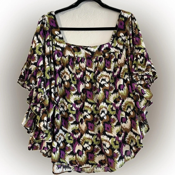 Terra & Sky Square Neck Peasant Multi Colored Pullover Top Flutter Sleeves, 4X - Picture 3 of 10